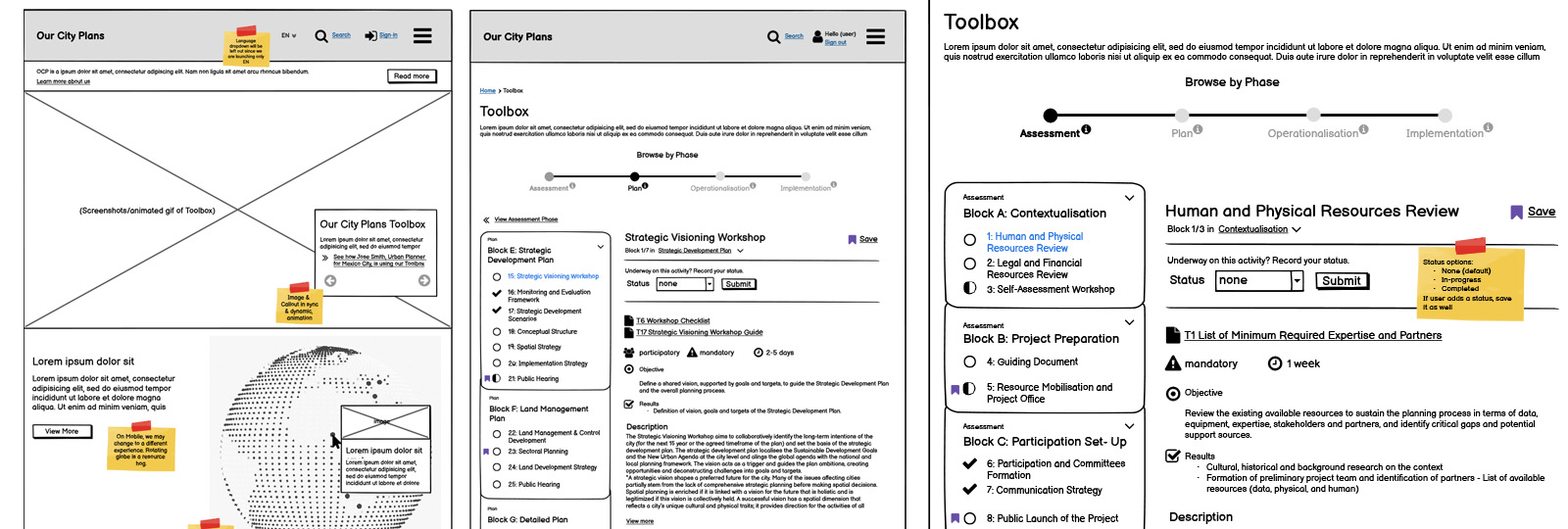 Our City Plans wireframes